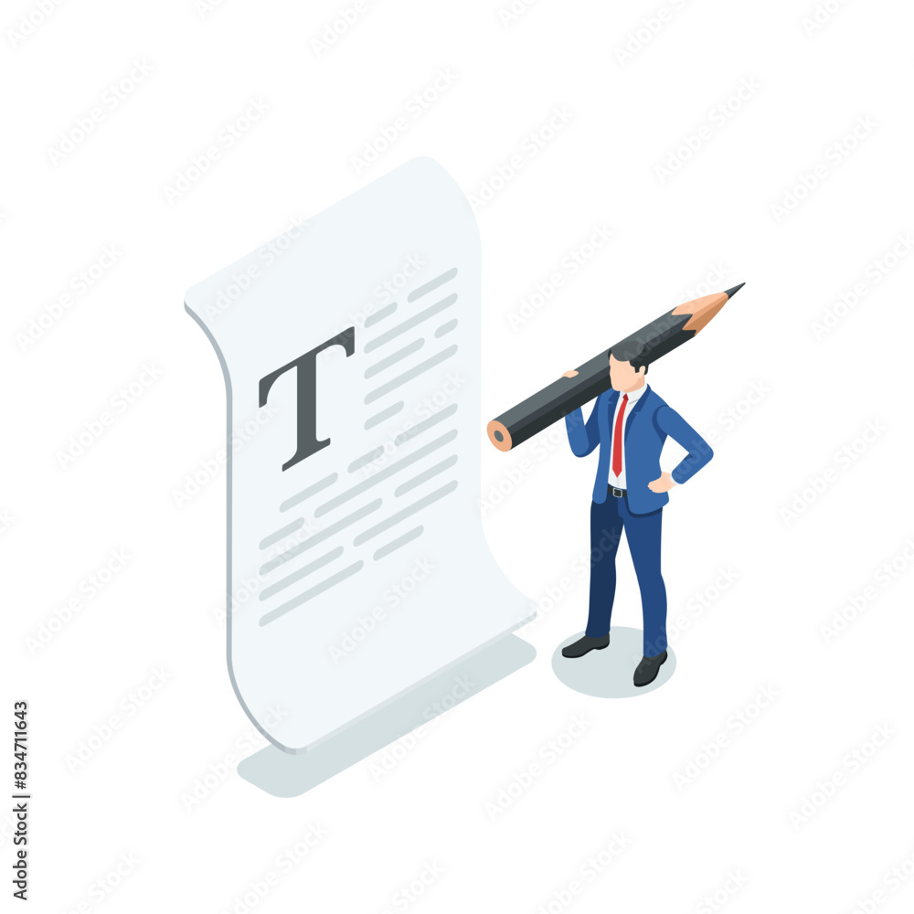 Poster isometric vector business man with a pencil near a text document, in color on a white background, wo