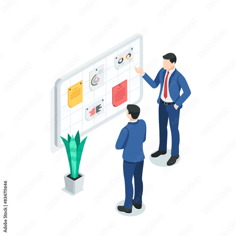 Poster isometric vector business men stand near a board with information, in color on a white background, w