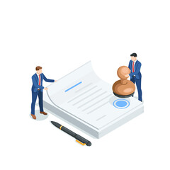 isometric vector business man putting a stamp on a document, in color on a white background, paperwork or notary