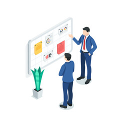 isometric vector business men stand near a board with information, in color on a white background, working in an office with statistical data