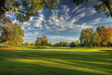 Naklejka premium Wide angle view of a golf course with trees in the background 