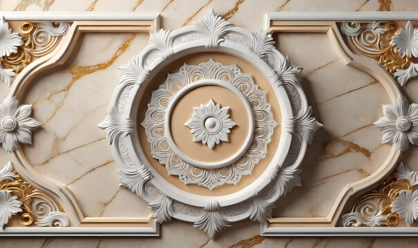 background, model of ceiling decoration with 3d wallpaper. decorative frame on gold marble luxurious background and mandala	