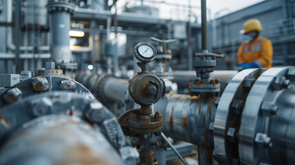 A man is standing on a ladder next to a large pipe. The pipe is rusty and old, and it is in a factory setting