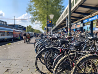 Obraz premium Colorful bikes lined up neatly on display outside a bustling train station in an urban setting.