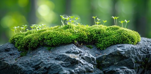 Fototapeta premium Old stone covered with moss and small plants