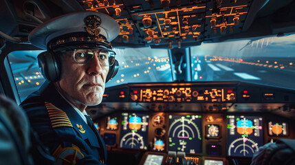 Fototapeta premium A pilot is sitting in the cockpit of an airplane. He is wearing a uniform and has a serious expression on his face