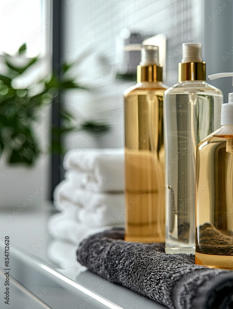 Poster close-up of stylish shampoo and conditioner bottles in a clean bathroom setting. generative ai