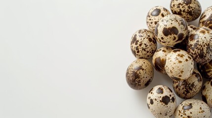  A stack of speckled brown and white eggs against a pristine white backdrop, allowing ample room for superimposing text or an insertion above and beneath the image