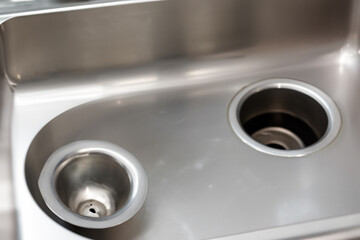 metal sink. kitchen large metal sink top view closeup furniture concept