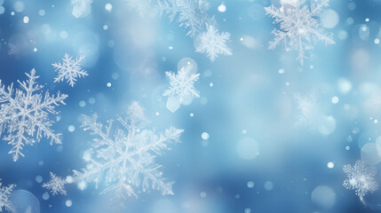 Falling  Snowflakes on Blue Abstract Background with Bokeh and Copy Space