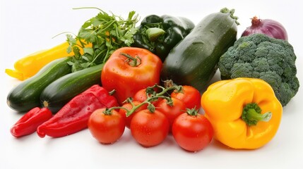Assortment of colorful vegetables on a white background promoting the idea of healthy eating