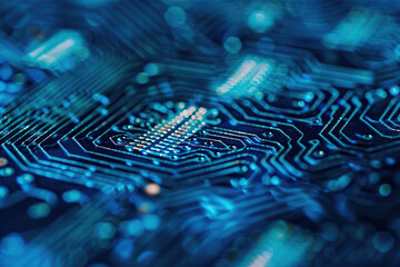 Close-up of a chip on a circuit board with a blue background. Generated by artificial intelligence