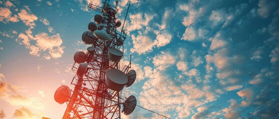 Modern communication tower with multiple satellite dishes, illustrating advanced connectivity technology