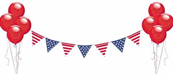 Obraz premium Festive Fourth of July celebration with red balloons and American flag bunting on a white background for patriotic party decor.