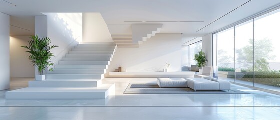 Sleek white podium in contemporary apartment, highlighting architectural details and natural light