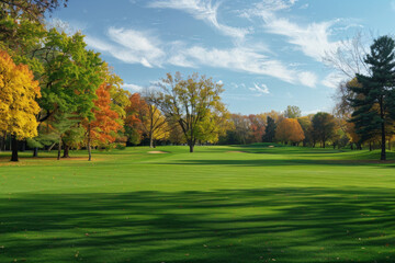 Fototapeta premium Wide angle view of a golf course with trees in the background 