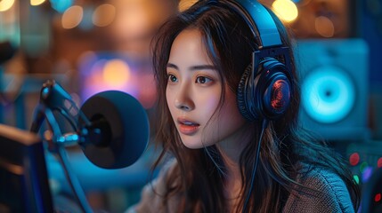 A solo Asian female is recording a podcast, speaking into a mic, wearing headphones, and adjusting audio gear with a serious look.