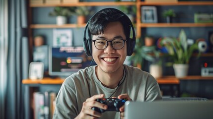 An Asian content creator, donning spectacles and headphones, happily uses a controller while streaming live and video chatting on a laptop to teach online.