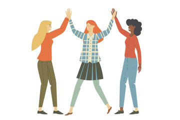 Obraz premium Team of business people celebrate success in work collaboration together, giving high five with joy. Unity and support between colleagues concept. Flat vector illustration isolated on white background