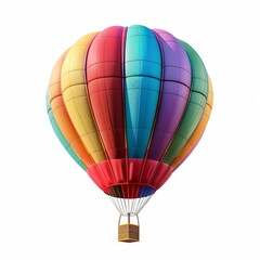 A colorful hot air balloon with a basket, isolated on a white background.