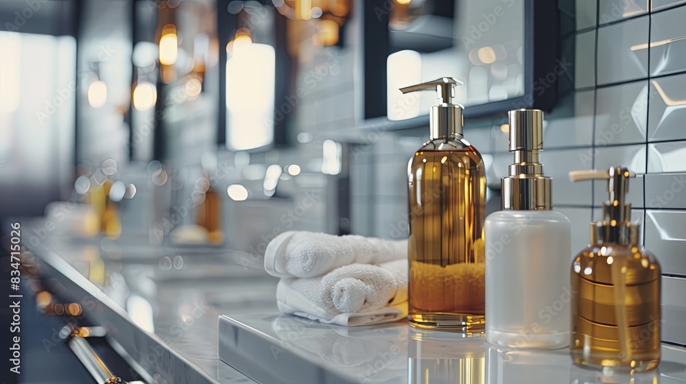 Poster close-up of luxurious shampoo and conditioner bottles on a modern bathroom countertop. generative ai