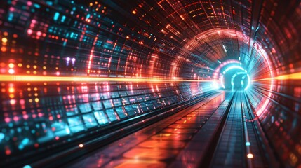 Tech tunnel with lightspeed data, digital age visualization, vibrant colors, hightech, futuristic abstract design