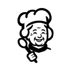 vector illustration of grandmother wearing a chef's hat and carrying a spoon in a flat, minimalist style isolated on a white background