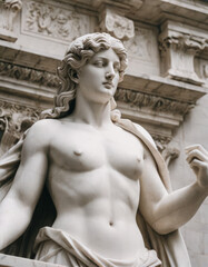 Una statua in gesso bianca raffigurante un senatore romano, con una toga ornata e un atteggiamento dignitoso.
