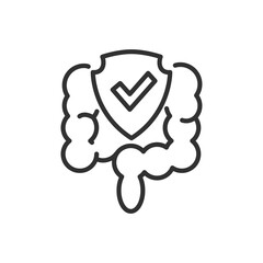 Gut protection, safety and normalization of digestion, linear icon. The intestine and the checkered shield. Line with editable stroke