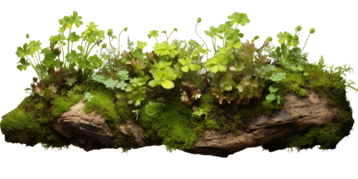 A close-up image of a natural driftwood branch covered in vibrant green moss and various plants, isolated on a transparent background