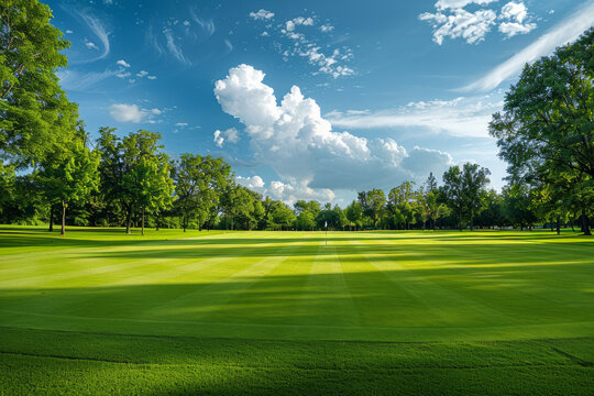 Wide angle view of a golf course with trees in the background 