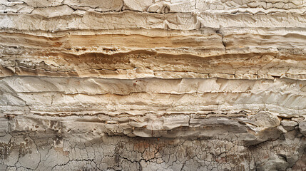Obraz premium The image is a close up of a rock wall with a lot of texture and layers. The colors are mostly brown and gray, with some white and black. Scene is rugged and natural, with a sense of depth
