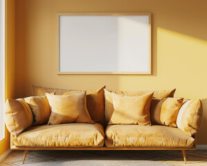 A cozy living room with a warm honey gold sofa and a blank white frame on the wall, radiating comfort.