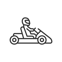 Karting, linear icon. Person on go-kart wearing riding equipment. Line with editable stroke