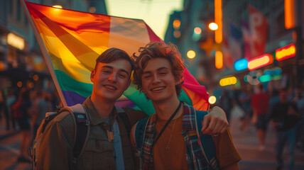 Young activists with LGBTI flags at the Gay Pride demonstration. everyone deserve rights