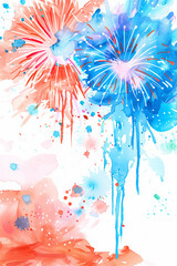 Obraz premium Watercolor-painted fireworks in colors resembling the USA flag, creating a festive and fun Independence Day concept on a white background.