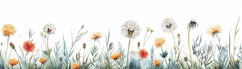 Dandelion, Watercolor Floral Border, watercolor illustration, isolated on white background