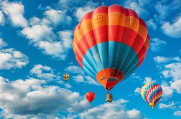 Fototapeta premium Hot Air Balloon Ride in blue sky white clouds background for wide banner of travel agency or adventure tour,Aerostat flying above clouds,International Balloon Fiesta.