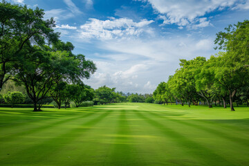 Wide angle view of a golf course with trees in the background 