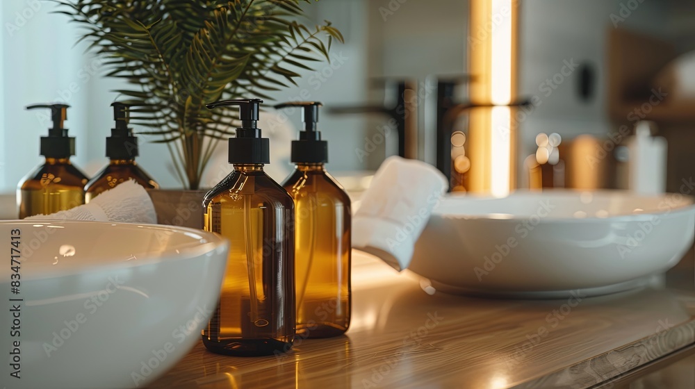 Poster close-up of four amber bottles of shampoo and conditioner in a bathroom or salon setting. generative