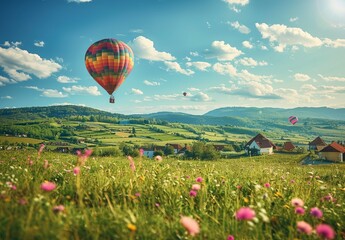 Fototapeta premium Hot Air Balloon Ride in blue sky white clouds background for wide banner of travel agency or adventure tour,Aerostat flying above clouds,International Balloon Fiesta.