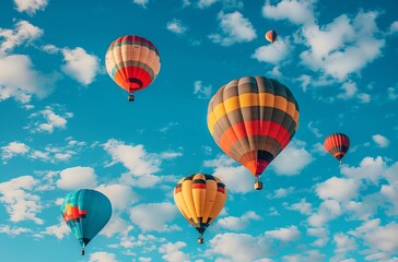 Naklejka premium Hot Air Balloon Ride in blue sky white clouds background for wide banner of travel agency or adventure tour,Aerostat flying above clouds,International Balloon Fiesta.