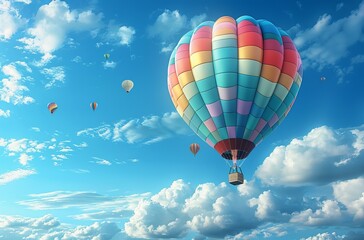 Fototapeta premium Hot Air Balloon Ride in blue sky white clouds background for wide banner of travel agency or adventure tour,Aerostat flying above clouds,International Balloon Fiesta.