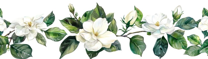 Fototapeta premium Gardenia, Watercolor Floral Border, watercolor illustration, isolated on white background