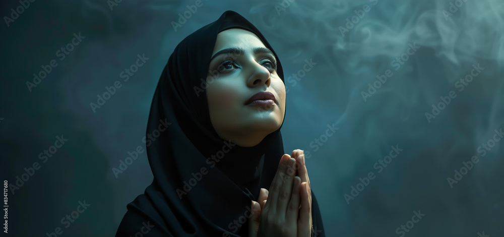Wall mural a muslim woman prays at night, her side profile illuminated by soft light. the background is dark, c - Wall murals