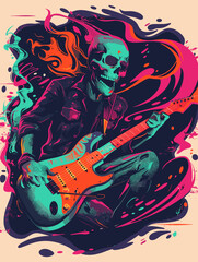 Skull with guitar on abstract colorful grunge background. Vector illustration