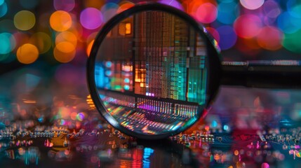 Microchip Examination: Depict a close-up of a microchip being examined under a magnifying glass