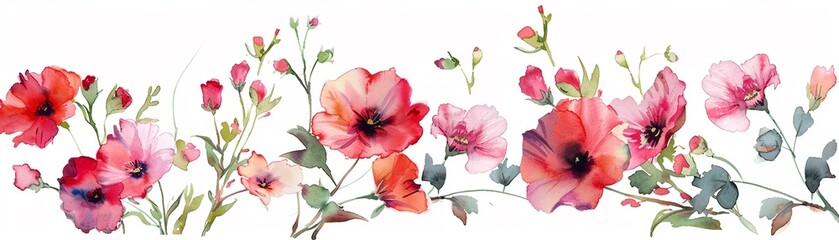 Hollyhock, Watercolor Floral Border, watercolor illustration, isolated on white background