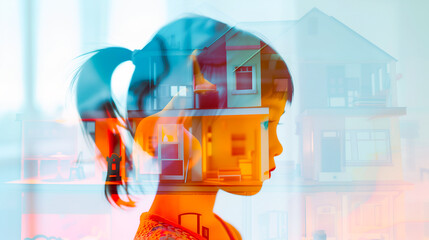 Artistic illustration blending a profile of a child with a colorful house, creating a surreal and thought-provoking image