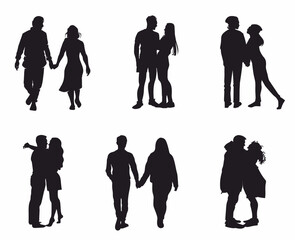 Couple silhouette. Hugging, kissing, sweet couple and couple standing together. 